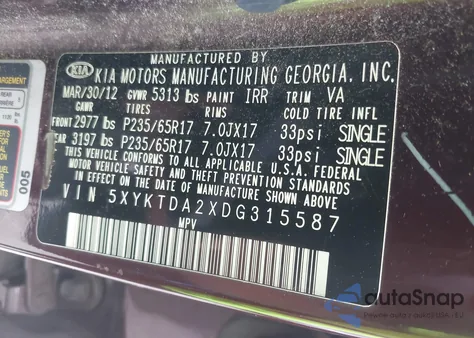 2013 Kia Sorento Lx V6 from USA, damaged, VIN 5XYKTDA2XDG315587